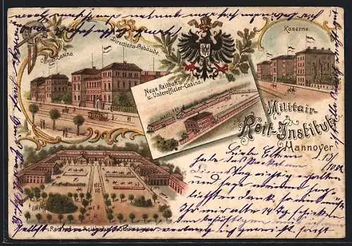 Lithographie Hannover, Militär-Reit-Institut, Directions-Gebäude, Kaserne, Reithof mit Reitbahn und Stallungen