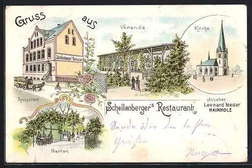 Lithographie Hannover, Schellenberger`s Restaurant, Veranda, Kirche, Garten