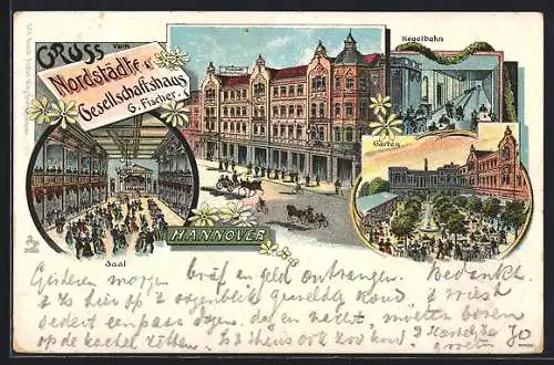 Lithographie Hannover, Gasthaus Nordstädter Gesellschaftshaus mit Kegelbahn und Garten