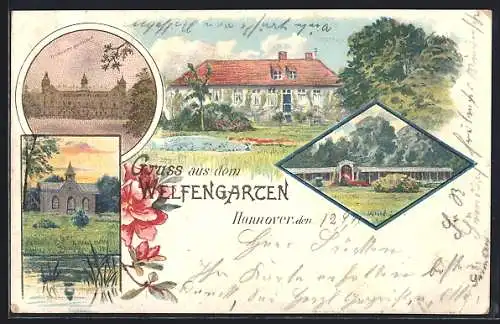 Lithographie Hannover, Welfengarten mit Wohnung, Technische Hochschule, Trinkhalle