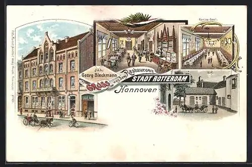 Lithographie Hannover, Restaurant Stadt Rotterdam, Speise-Saal, Hof