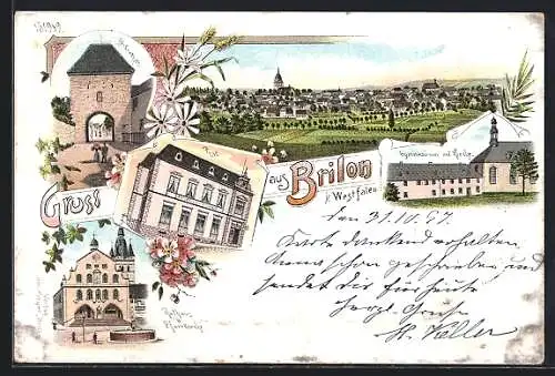 Lithographie Brilon i. Westfalen, Kaiserliches Postamt, Rathaus u. Pfarrkirche, Gymnasium