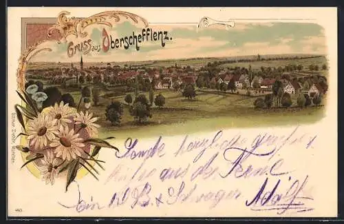 Lithographie Oberschefflenz, Gesamtansicht mit Kirche und Blumenstrauss