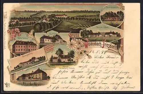 Lithographie Weidenbach-Triesdorf, Weisses Schloss, Jägerhaus, Baumplantage, Ackerbauschule