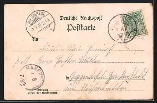 Lithographie Gross Ilsede, Gasthof Meyerhoff, Bahnhof, Ilseder Hütte, Kaufhaus E. Ball