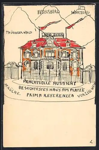 Künstler-AK Handgemalt: Inselsberg, Gasthaus Busch vor Wartburg und am Thüringer Wald