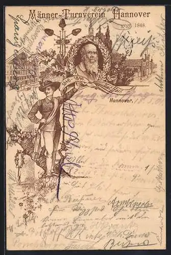 Lithographie Hannover, Männer-Turnverein, Turner mit Schärpe, Turnvater Jahn im Eichenkranz