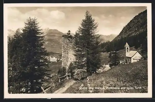 AK Sta. Maria b. Pontresina, Ortsansicht mit Kirchlein und span. Turm