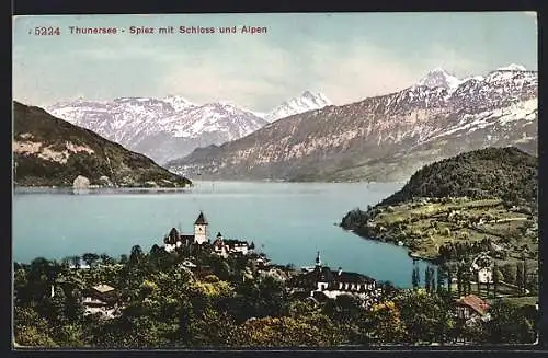 AK Spiez / Thunersee, Totale mit Schloss und Alpen