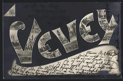 AK Vevey, Ortsansichten in Buchstaben