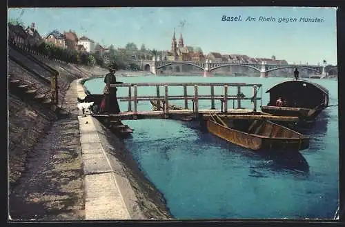 AK Basel, am Rhein gegen Münster, Dame tritt auf den Anlegesteg