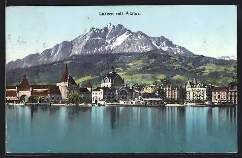 AK Luzern, Ortsansicht mit Pilatus vom See aus