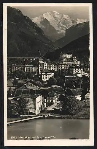 AK Interlaken, Ortsansicht mit Jungfrau aus der Vogelschau