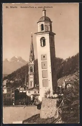 AK St. Moritz, Schiefer Turm und neuer Kirchturm