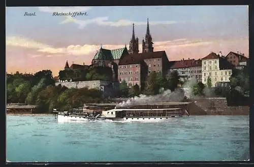 AK Basel, Rheindampfer vor der Kathedrale