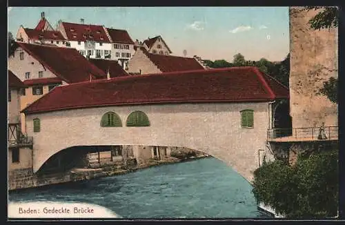 AK Baden, Flusspartie mit gedeckter Brücke