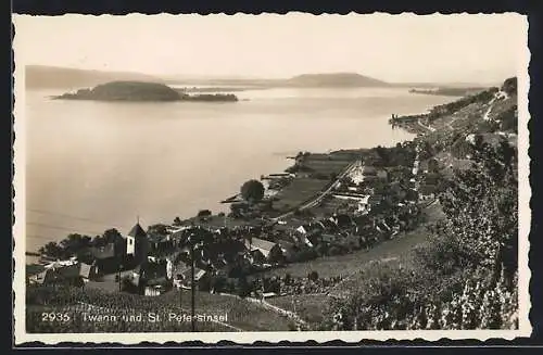 AK Twann, Panoramablick auf Ort und St. Petersinsel