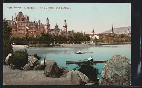 AK Zürich, Alpenquai, Rotes Schloss und Tonhalle