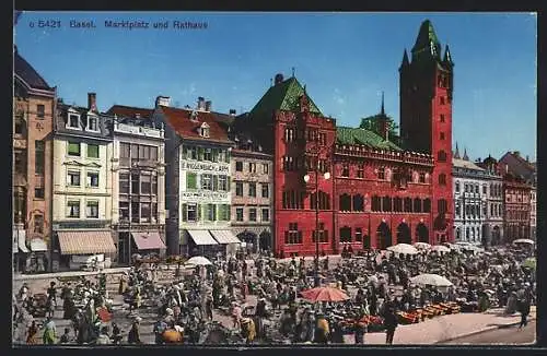 AK Basel, Marktplatz mit Rathaus und Kaffeerösterei F. Riggenbach