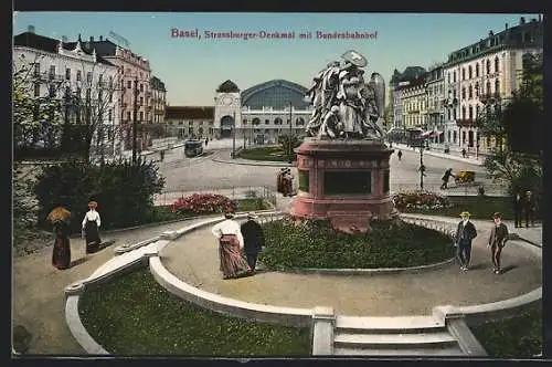 AK Basel, Strassburger-Denkmal mit Bundes-Bahnhof