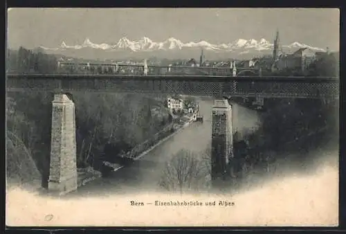 AK Bern, Eisenbahnbrücke und Alpen