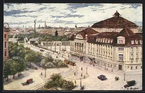 Künstler-AK Wien, Strassenbahn passiert das Konzerthaus