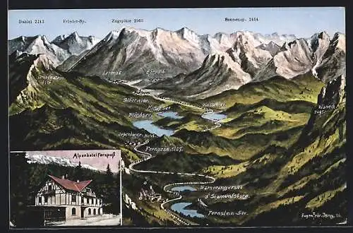 Künstler-AK Eugen Felle: Fernpass, Alpenhotel Fernpass, Landkarte