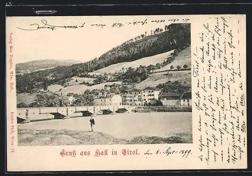 AK Hall in Tirol, Ortsansicht mit Flussbrücke