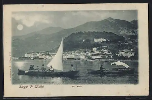 Mondschein-AK Bellagio / Lago di Como, Orts- und Uferansicht vom See aus