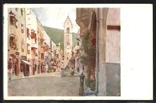 Künstler-AK Vipiteno / Brennero, Strasse mit Uhrenturm