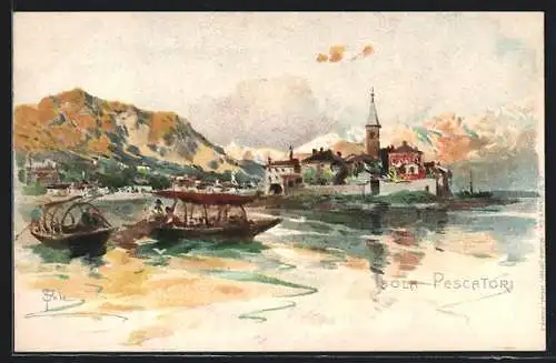 Lithographie Isola Pescatori, Blick von der See zum Ufer