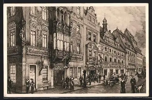 Künstler-AK Leipzig, Passanten vor der Weinwirtschaft Thüringer Hof