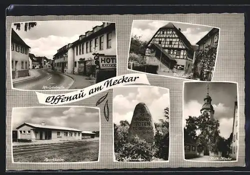 AK Offenau / Neckar, Sportheim, Ehrenmal, Kath. Kirche, Rathaus, Hauptstrasse