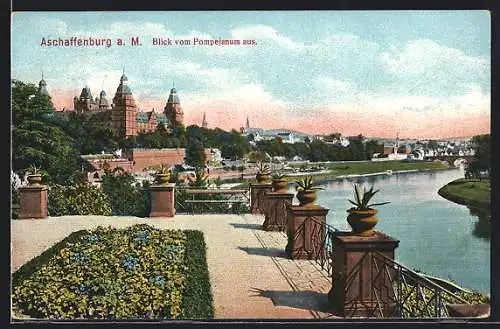 AK Aschaffenburg, Blick vom Pompejanum auf Schloss und Main