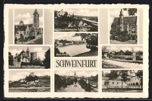 AK Schweinfurt, Rathaus, Ernst-Sachs-Hallenschwimmbad, Peterstirne