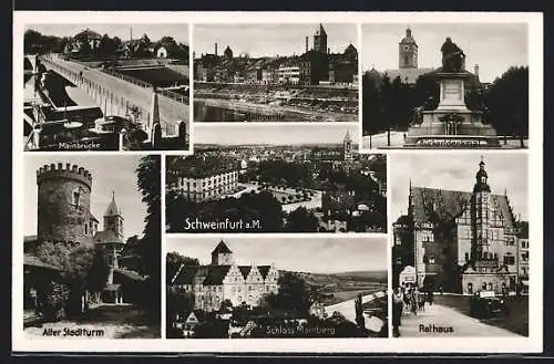 AK Schweinfurt, Ortsansicht, Rückertdenkmal, Mainpartie, Mainbrücke, Alter Stadtturm, Schloss Mainberg, Rathaus