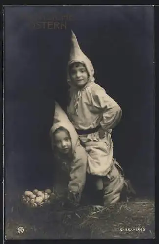 Foto-AK RPH Nr. 4590: zwei Kinder als Zwerge verkleidet, Fröhliche Ostern