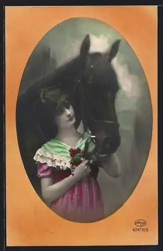 AK Junge Frau blickt ihr Pferd an