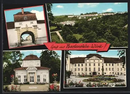 AK Bartenstein, Stadttor, Pavillon, Schloss und Ortsansicht