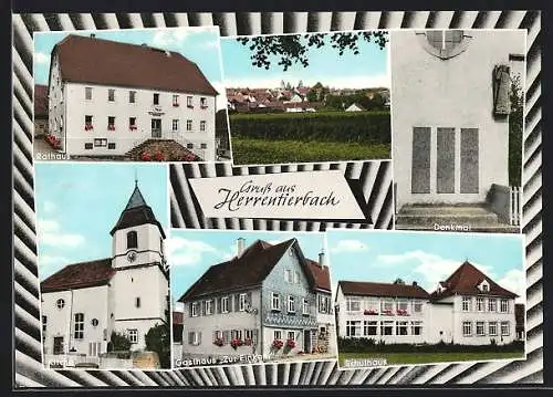 AK Herrentierbach, Kirche, Gasthaus zur Einkehr, Schulhaus, Rathaus