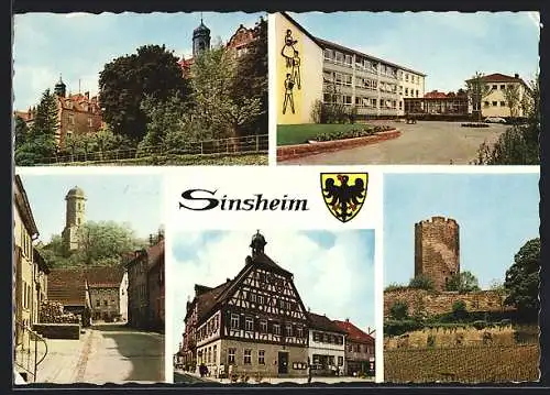 AK Sinsheim, Schloss, Schule, Ortsansichten, Wappen