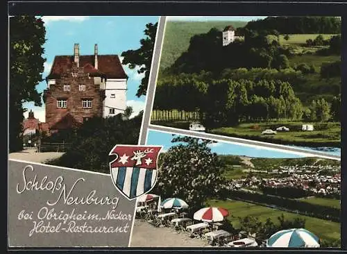 AK Obrigheim / Neckar, Hotel-Restaurant Schloss Neuburg, Totalansichten, Wappen
