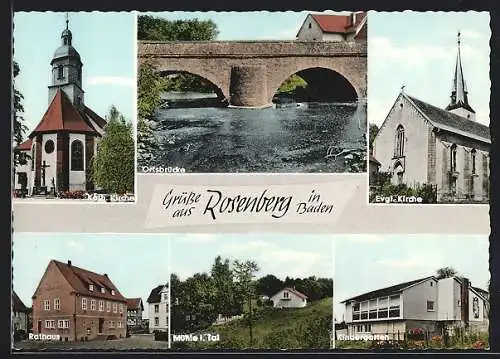 AK Rosenberg / Baden, Kirchen, Ortsbrücke, Rathaus, Kindergarten