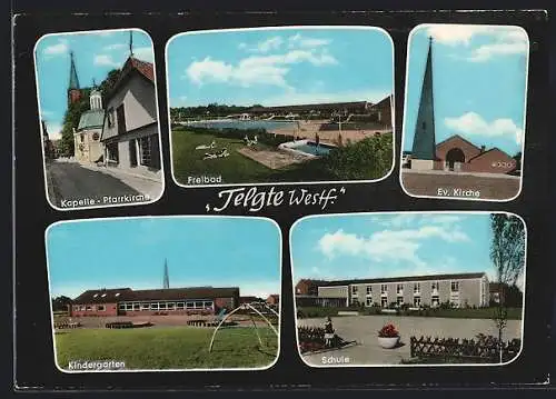 AK Telgte i. W., Kapelle, Pfarrkirche, Freibad, Schule, Kindergarten