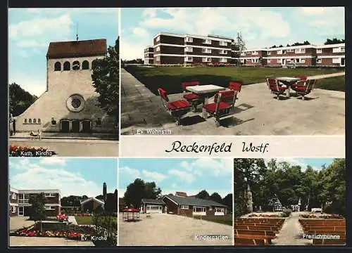 AK Reckenfeld / Westf. Kat. Kirche, Ev. Wohnstift, Kindergarten, Freilichtbühne