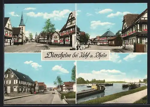 AK Diersheim bei Kehl, Strassenpartien mit Kirche und Schiffe auf dem Fluss