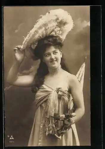 AK Mode, junge Frau im Kleid mit Schleife und Hut