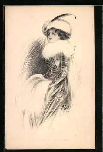 Künstler-AK Dame sitzend mit Pelzhut