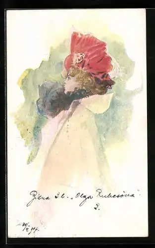 Künstler-AK Dame in rotem Hut und Mantel