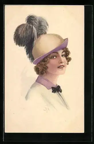 Künstler-AK Dame mit Hut und Schleife